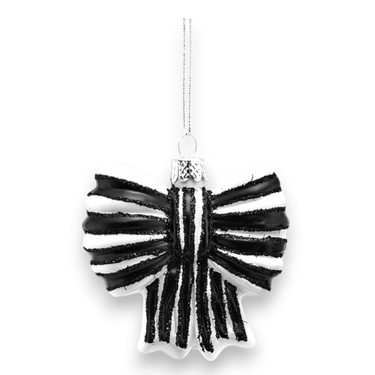 The CODY FOSTER STRIPED BOW SMALL BLACK ORNAMENT is a glass hanging decor piece featuring black and white stripes, glitter accents, and a silver loop—perfect for adding charm to any festive display.
