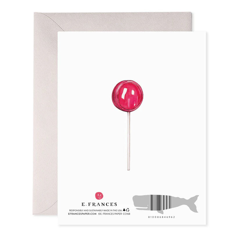 The E. FRANCES PAPER - TREATMENT SUCKS greeting card features a handcrafted watercolor lollipop on luxurious paper, with the words "Treatment Sucks" at the top and "Thinking of You" at the bottom.