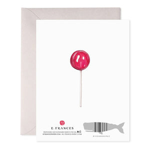 The E. FRANCES PAPER - TREATMENT SUCKS greeting card features a handcrafted watercolor lollipop on luxurious paper, with the words "Treatment Sucks" at the top and "Thinking of You" at the bottom.