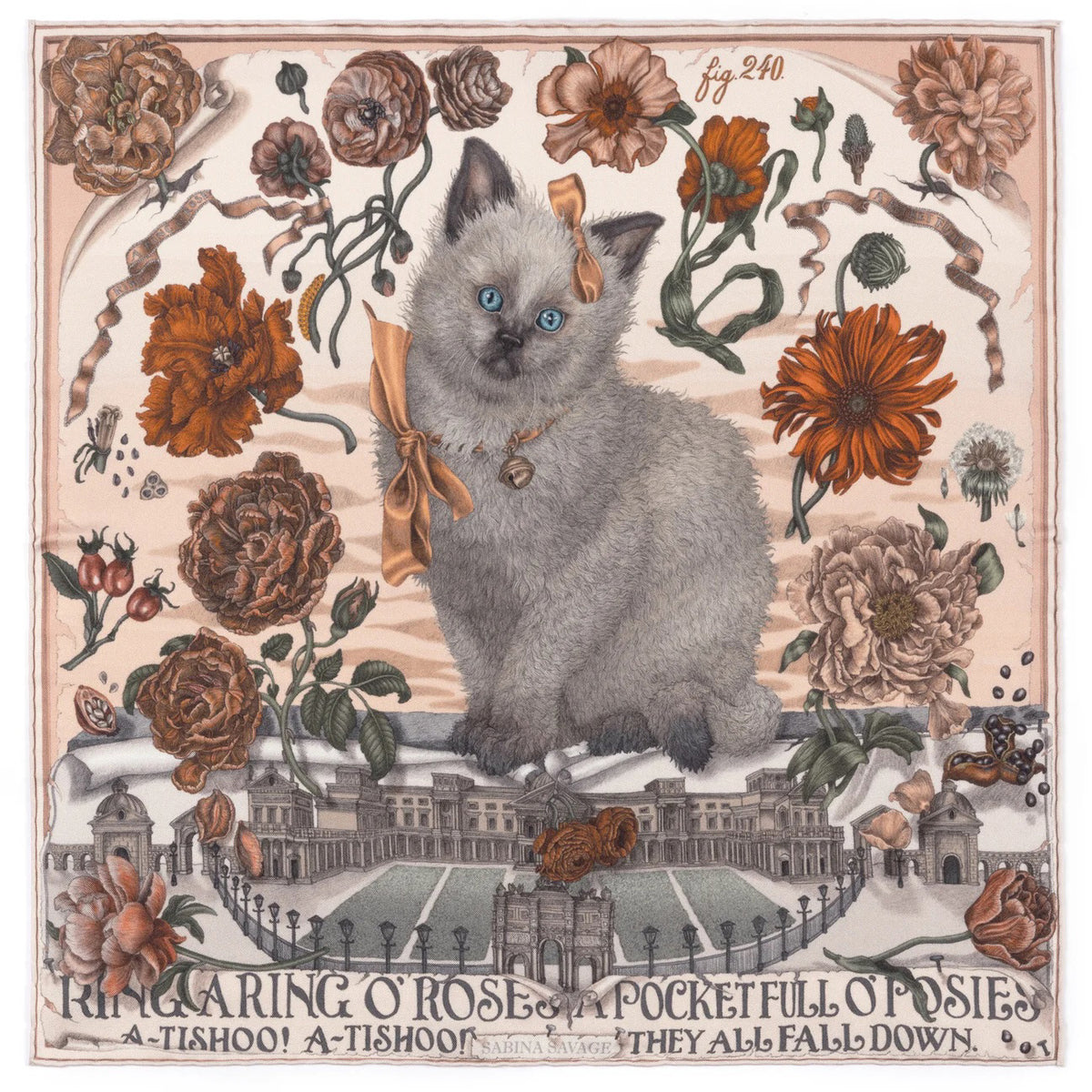 A person wearing a light beige short-sleeve top and skirt, accessorized with a SABINA SAVAGE - RING A RING O' ROSES SILK TWILL SCARF 42CM MARSHMALLOW.RHUBARB by SABINA SAVAGE ENGLAND, against a plain white wall.