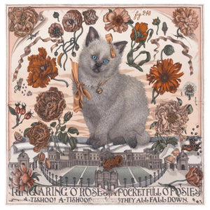 A person wearing a light beige short-sleeve top and skirt, accessorized with a SABINA SAVAGE - RING A RING O' ROSES SILK TWILL SCARF 42CM MARSHMALLOW.RHUBARB by SABINA SAVAGE ENGLAND, against a plain white wall.