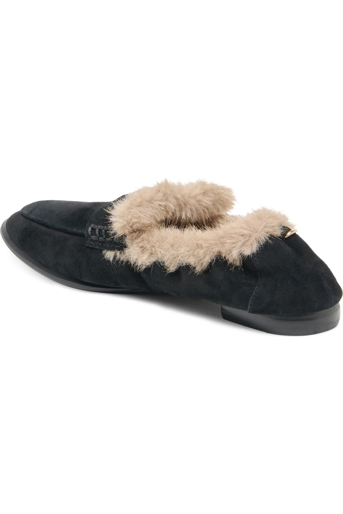DOLCE VITA - CLOEY PLUSH LOAFERS IN ONYX SUEDE: black suede penny loafer with a collapsible heel and tan faux shearling lining.