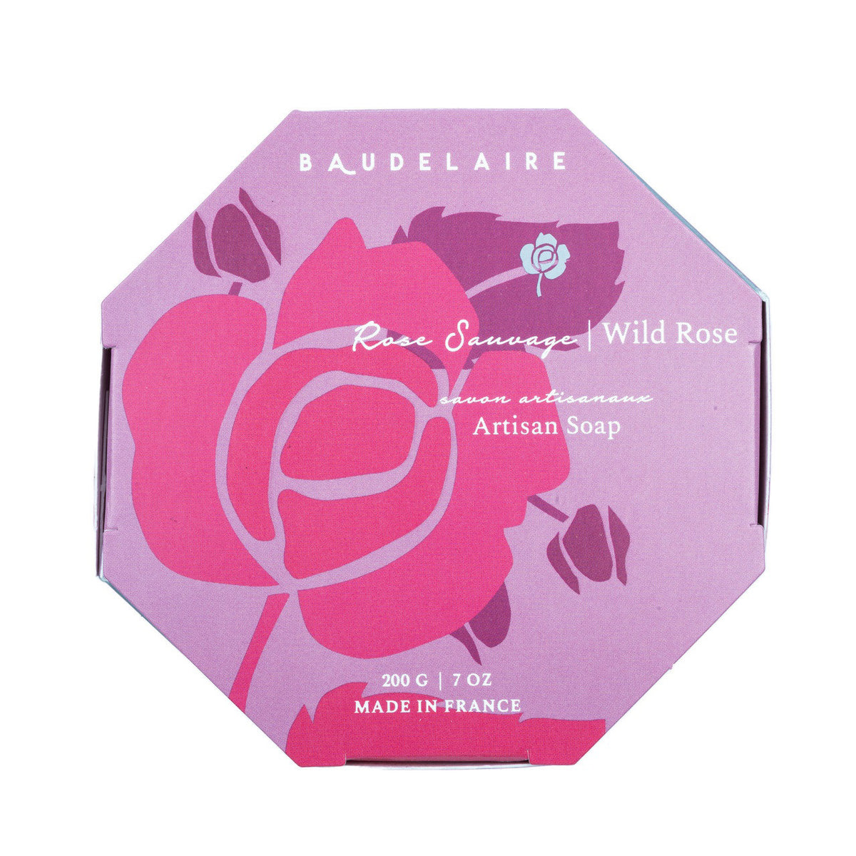A round, pale pink bar of French-milled soap from Baudelaire, embossed with &quot;Provence Santé&quot; and &quot;200 g&quot;, infused with the essence of wild rose. This luxurious bath bar is part of the Baudelaire Wild Rose collection and comes in a 7 oz boxed presentation.