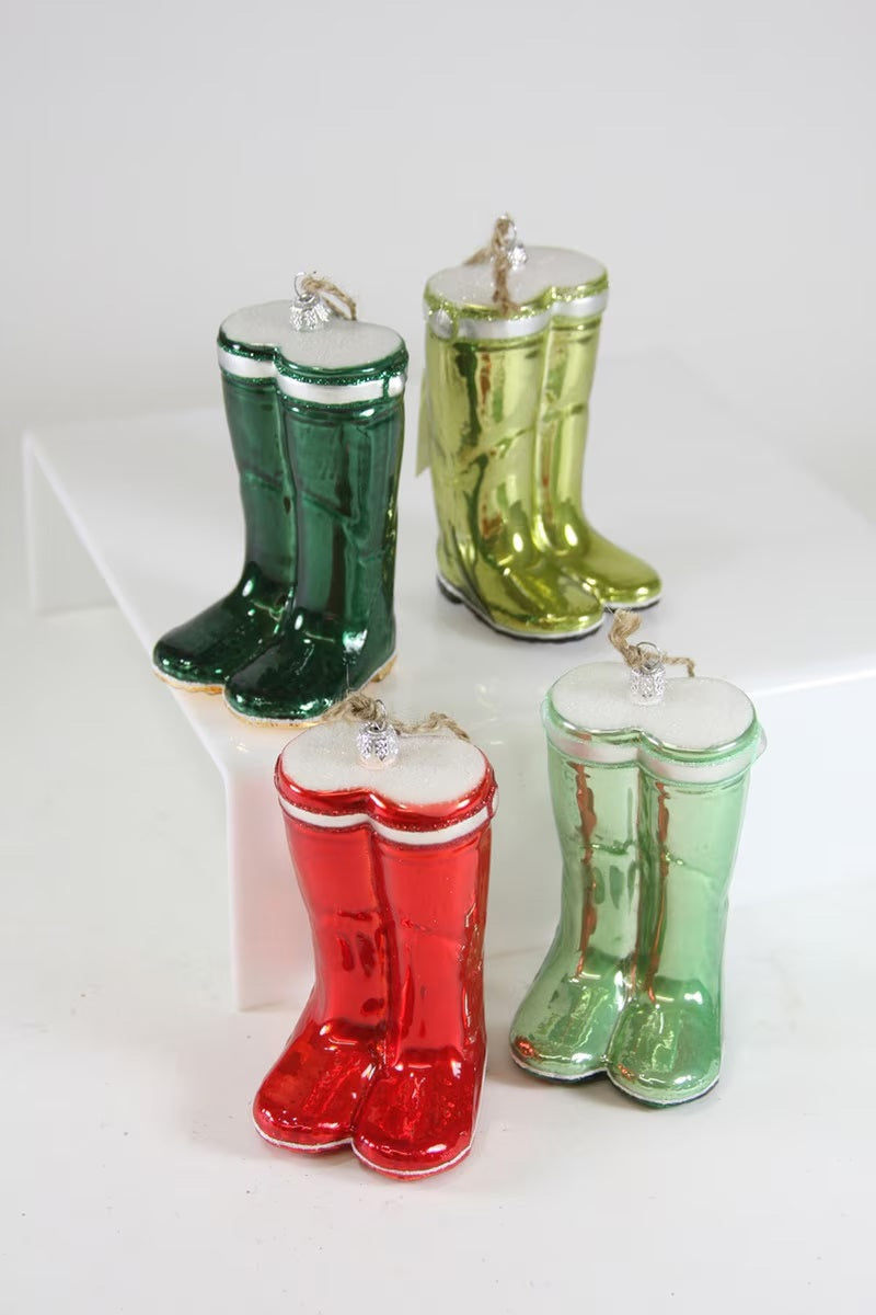 Four glossy 2.5 inch PAIR OF WELLIES ORNAMENT glass rain boots in dark green, lime green, red, and light green.