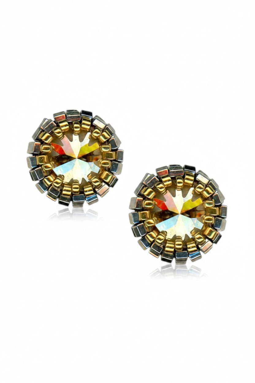 MIGUEL ASES - SWAROVSKI MIYUKI POST EARRINGS by MIGUEL ASES, INC.: Round stud earrings with faceted golden-yellow stones, bordered by shiny gold and silver Miyuki beads—handcrafted and inspired by Miguel Ases artistry.