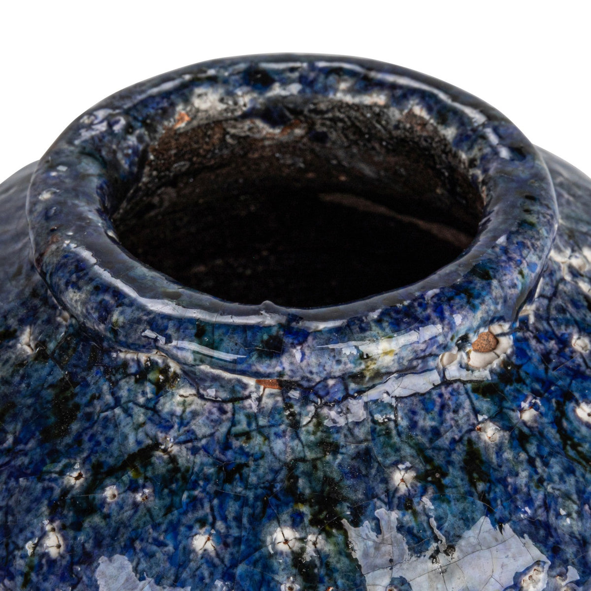 The CREATIVE COOP Decorative Terracotta Vase with Blue Crackle Glaze, Small, features a round, wide-mouthed design and glossy marbled blue-black finish with subtle white speckles, shown against a plain white background.