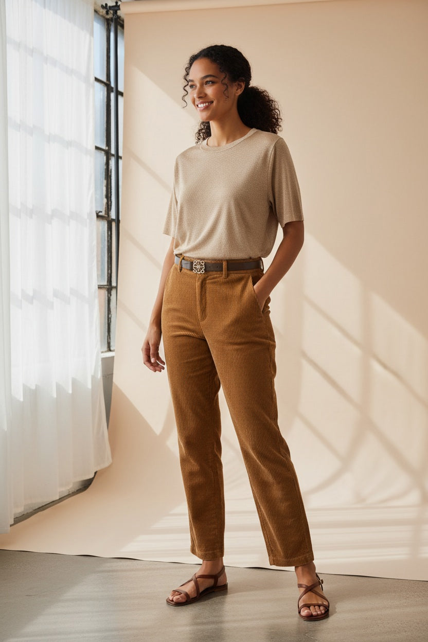 A woman with long brown hair wears the MOMONI - IORA LUREX JERSEY T SHIRT in gold, paired with beige and blue wide-leg floral pants and brown sneakers, standing against a neutral studio background.