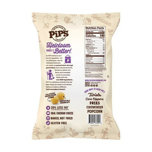 A bag of PIP’S HEIRLOOM - WHITE CHEDDAR CHEESE BALLS next to a smaller, older version of the packaging.