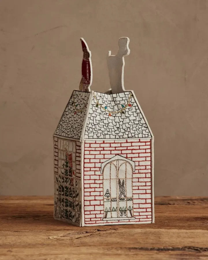 HOME FOR THE HOLIDAYS TISSUE BOX COVER shaped like a house, featuring an embroidered Christmas tree, string lights, and a teddy bear in a Santa hat for festive holiday home decor.