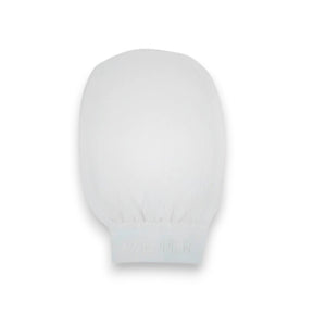 The WILDPIER DEEP EXFOLIATING GLOVE is white with a slightly rounded top and elastic wristband, designed to reveal radiant skin. It's shown against a plain white background.