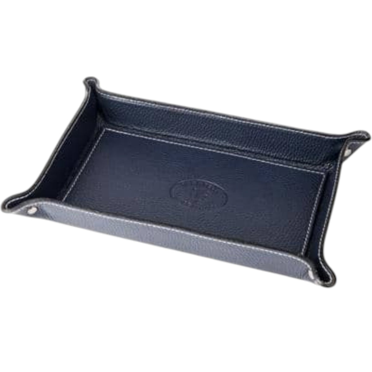 LE BORSETTE large rectangular hammered leather valet tray in avio, featuring navy blue leather with white contrast stitching and snap-button corners, handmade in Italy.