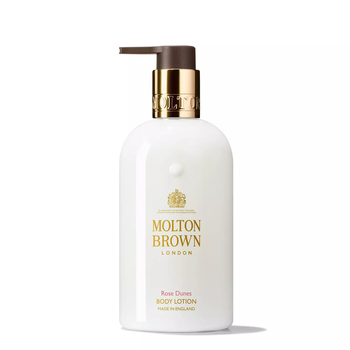 A white bottle of Molton Brown - Rose Dunes Body Lotion with a gold pump dispenser. The bottle, offering superior hydration, has gold text and accents, and features the Molton Brown logo. This luxurious moisturising lotion is labelled "Made in England" and stands against a white background.