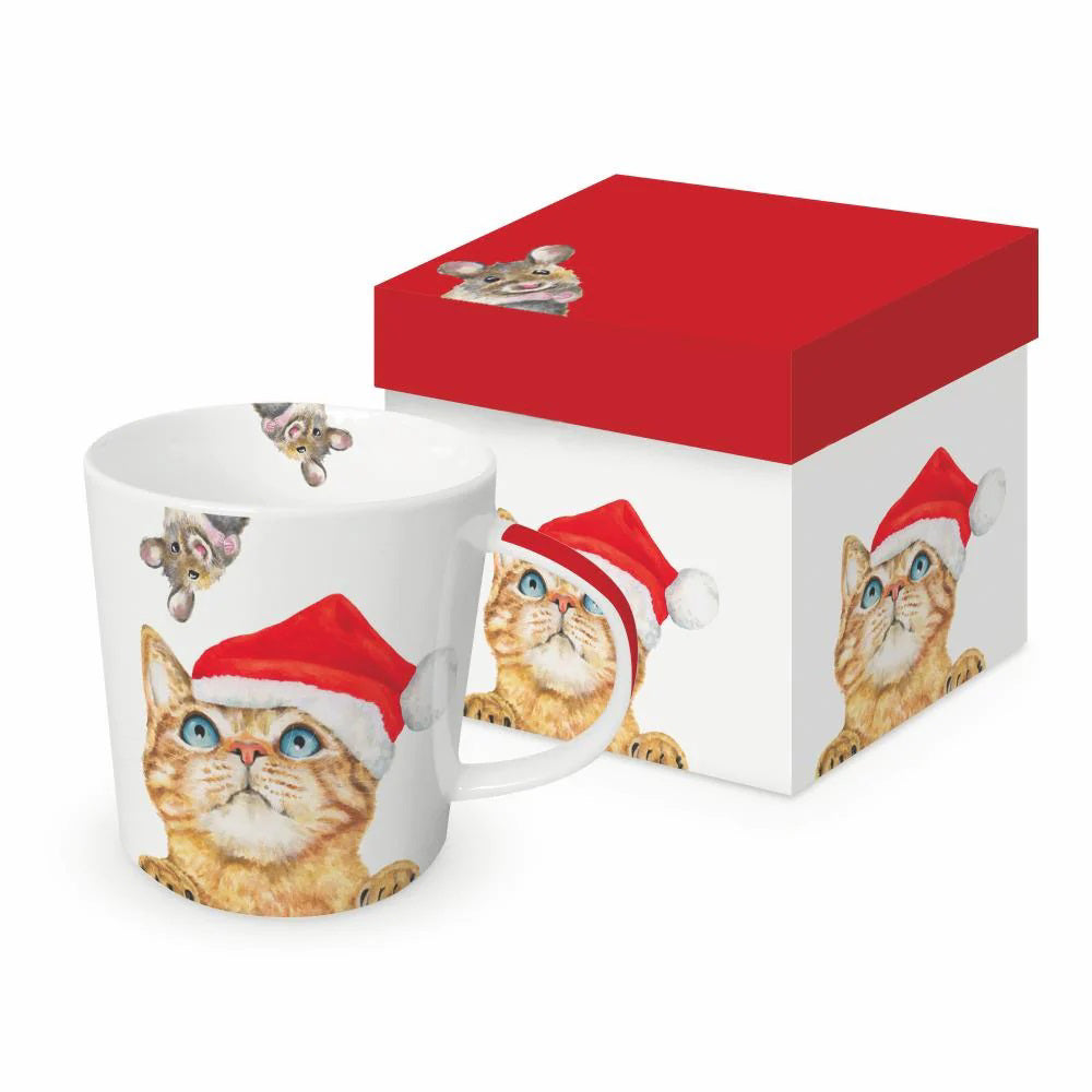 The PAPER PRODUCTS DESIGN - WHO ARE YOU GIFT-BOXED MUG features a cute orange cat in a Santa hat on a white mug, paired with a matching gift box—great for your holiday table with festive napkins. From PAPER PRODUCTS DESIGN.
