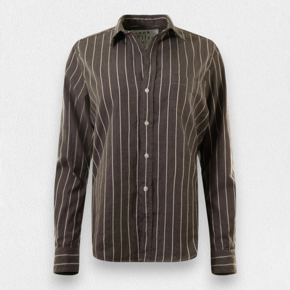 The FRANK &amp; EILEEN Barry Tailored Button-Up in Heathered Brown Stripe Flannel is displayed against a plain white background. This shirt, featuring vertical white pinstripes, boasts a single chest pocket and long sleeves with buttoned cuffs. Its classic collar enhances its sophisticated style.