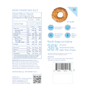 A blue bag of CRISP POWER PROTEIN PRETZEL SEA SALT by CRISP POWER displays pretzels and highlights: 6g net carbs, 28g protein, and 0g sugar. This keto-friendly, plant-based snack is ideal for high-protein pretzel lovers.
