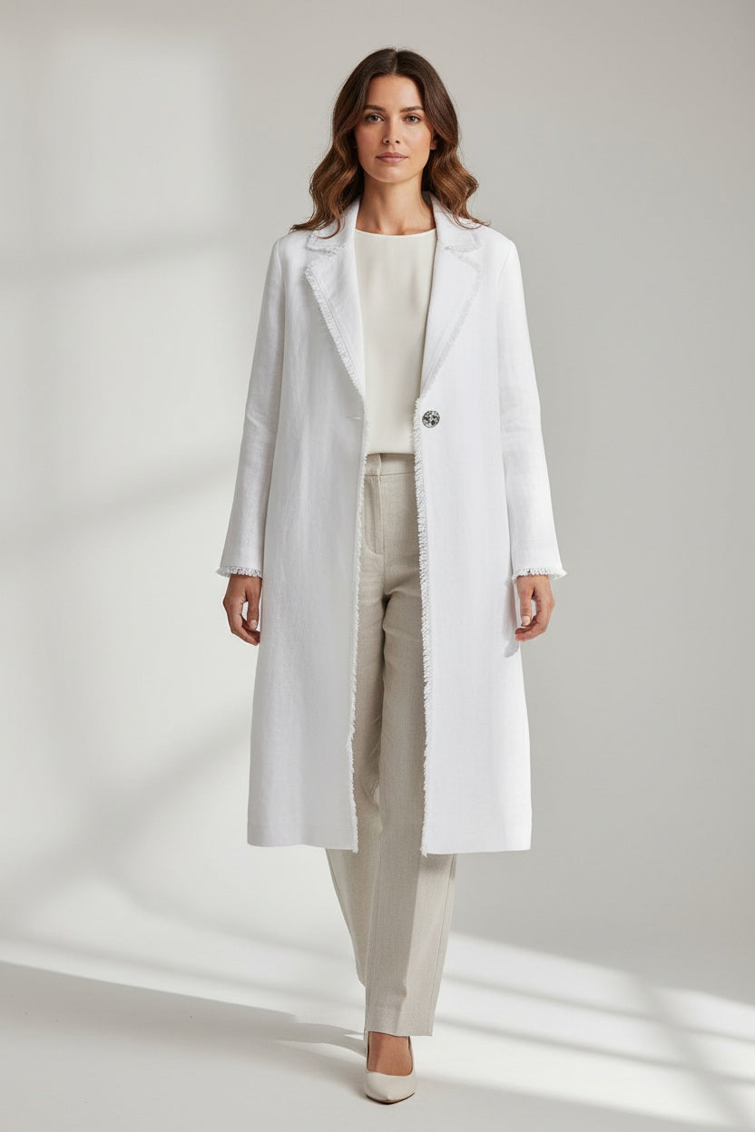 Embrace elegance with the SEVENTY VENEZIA stretch linen overcoat by SEVENTY. This white coat boasts a single button closure, notched lapel, and relaxed fit, delivering a minimalist yet chic knee-length silhouette perfect for any ensemble.
