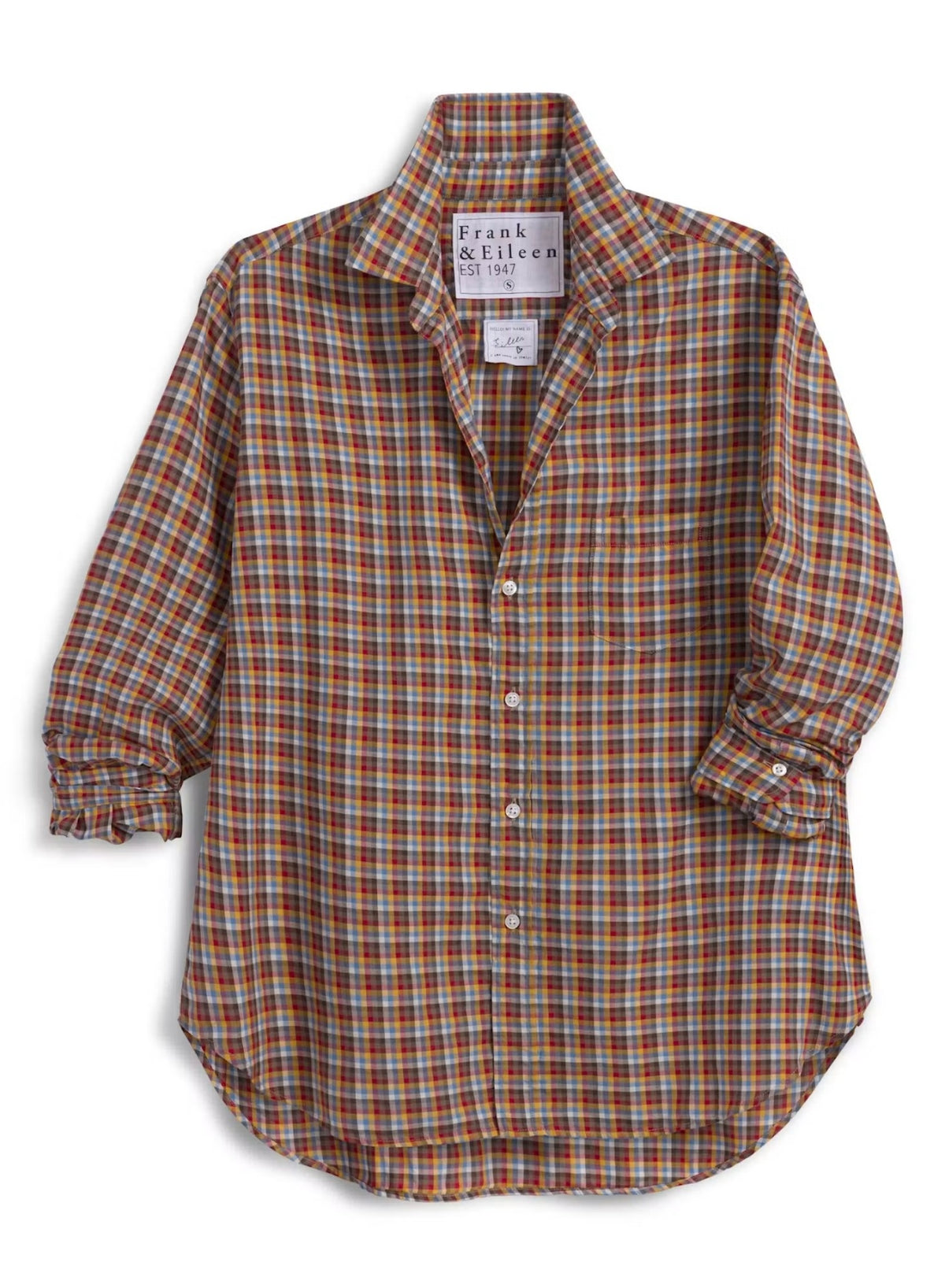 The FRANK &amp; EILEEN Finbar Men’s Button Up Shirt is crafted from premium Italian flannel and features a yellow plaid pattern. This long-sleeve shirt includes a chest pocket, folded collar, and displays the “Frank &amp; Eileen” brand label inside the collar.