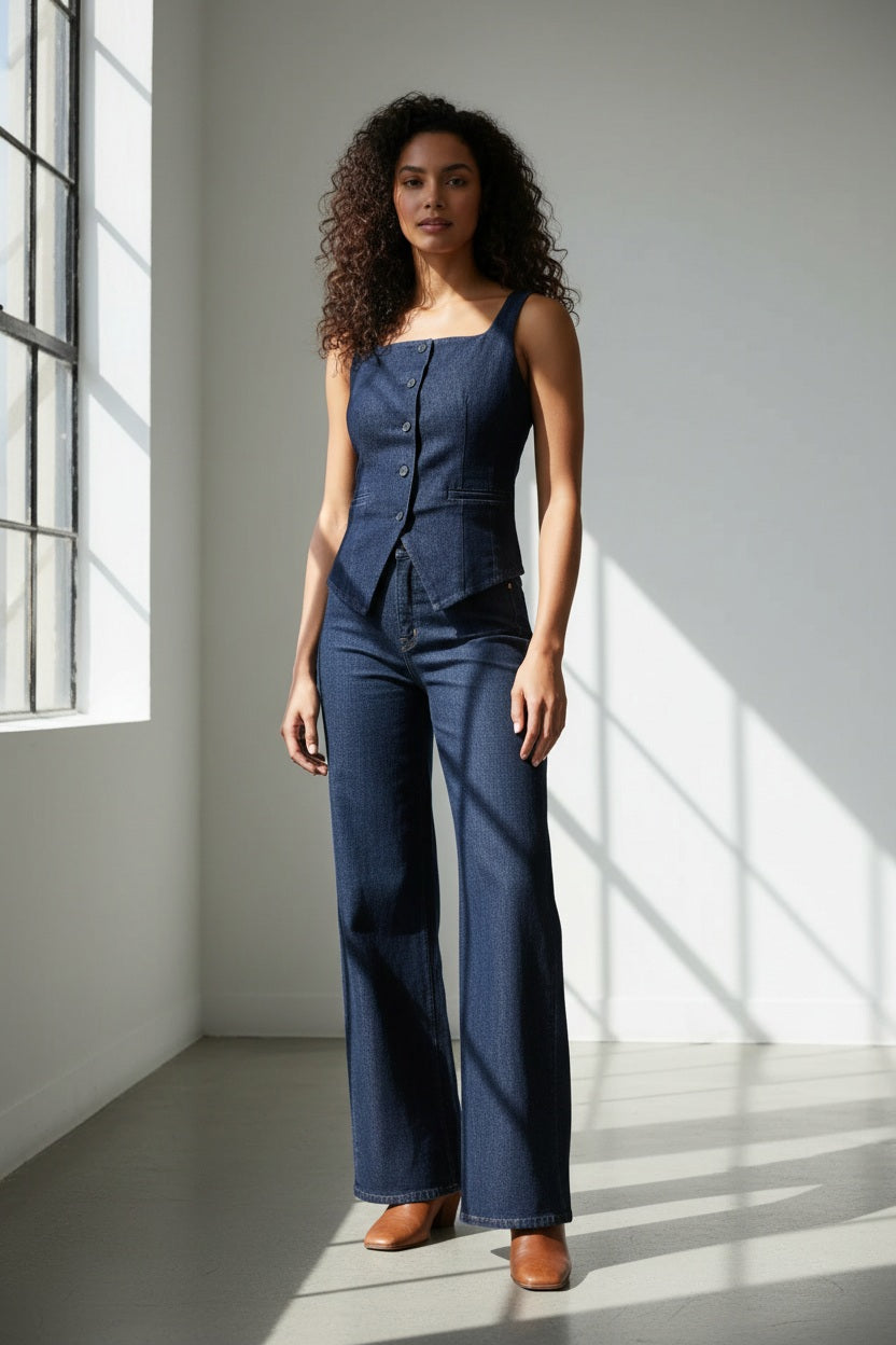 A person with curly hair faces away, showcasing the SPANX - DENIM TAILORED VEST and matching wide-leg jeans in dark blue cotton blend against a plain light gray background.