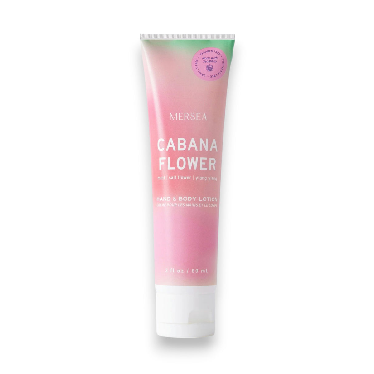 A 3 fl oz (89 mL) pink and white tube of MERSEA - CABANA FLOWER SEA WHIP LOTION, with a gradient design and scent notes of salt flower and ylang ylang.