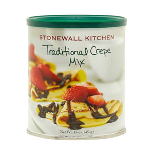 A canister of STONEWALL KITCHEN - TRADITIONAL CREPE MIX, perfect for breakfast, with crepes topped with strawberries and chocolate on the packaging. Net weight: 16 oz (454g).