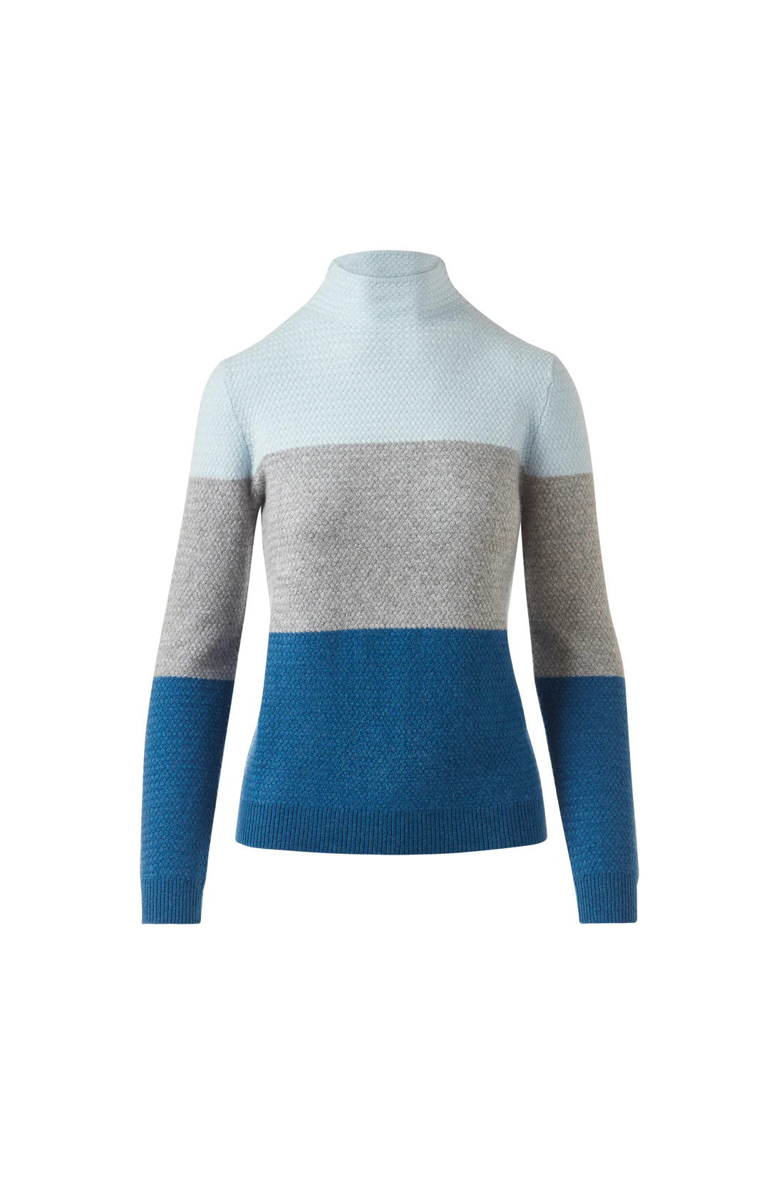 The KINROSS CASHMERE Textured Colorblock Funnel Neck Sweater by KINROSS features a luxurious knit, long sleeves, and a high neck in cream, gray, and light brown tones, shown on a white background.