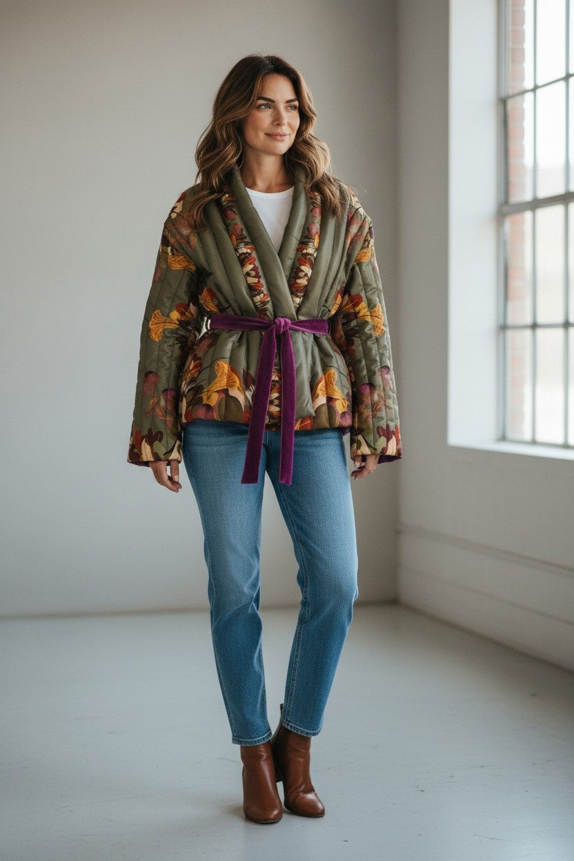 A woman stands indoors near large windows, smiling while wearing the FRANCO FERRARI REVERSIBLE KIMONO JACKET with a botanical floral print, styled with a purple belt, white top, blue jeans, and brown ankle boots.