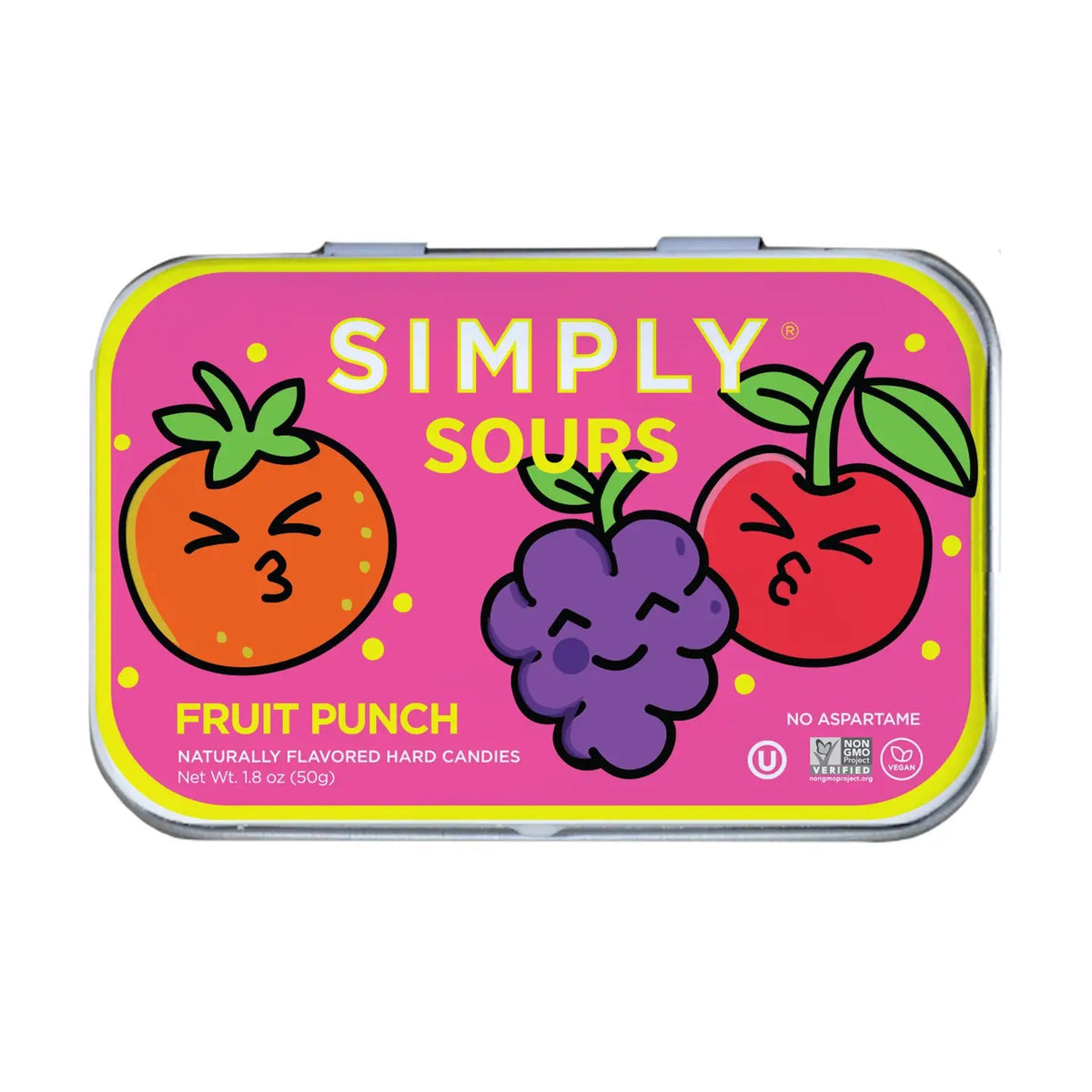 A tin of SIMPLY SOURS - FRUIT PUNCH by SIMPLY GUM features hard candies with cartoon orange, grape, and cherry characters making sour faces on a pink background. These vegan treats are labeled as containing no aspartame and made with natural flavors.