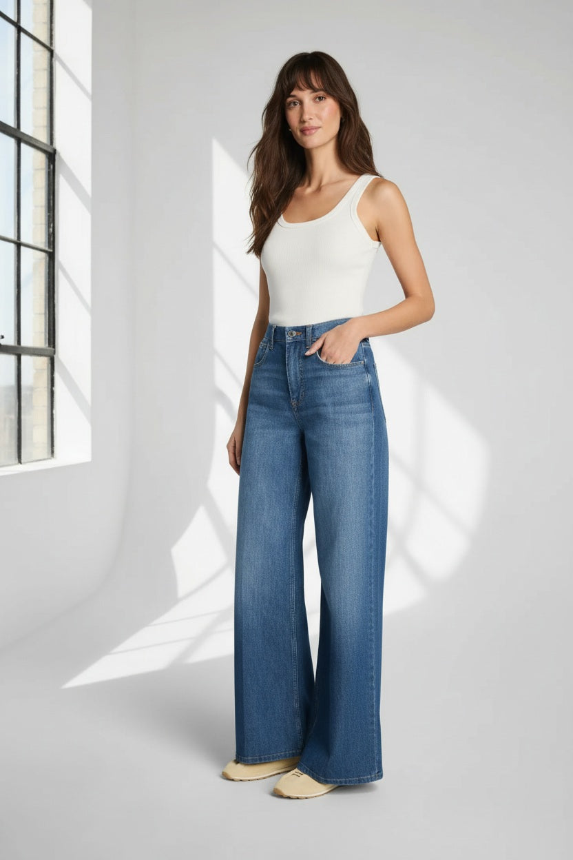 A person shown from mid-torso down against a plain gray background wears the SPANX SPANXSUPERSMOOTH Authentic Lightweight Super Wide Leg Jean in Oceanic paired with beige shoes.