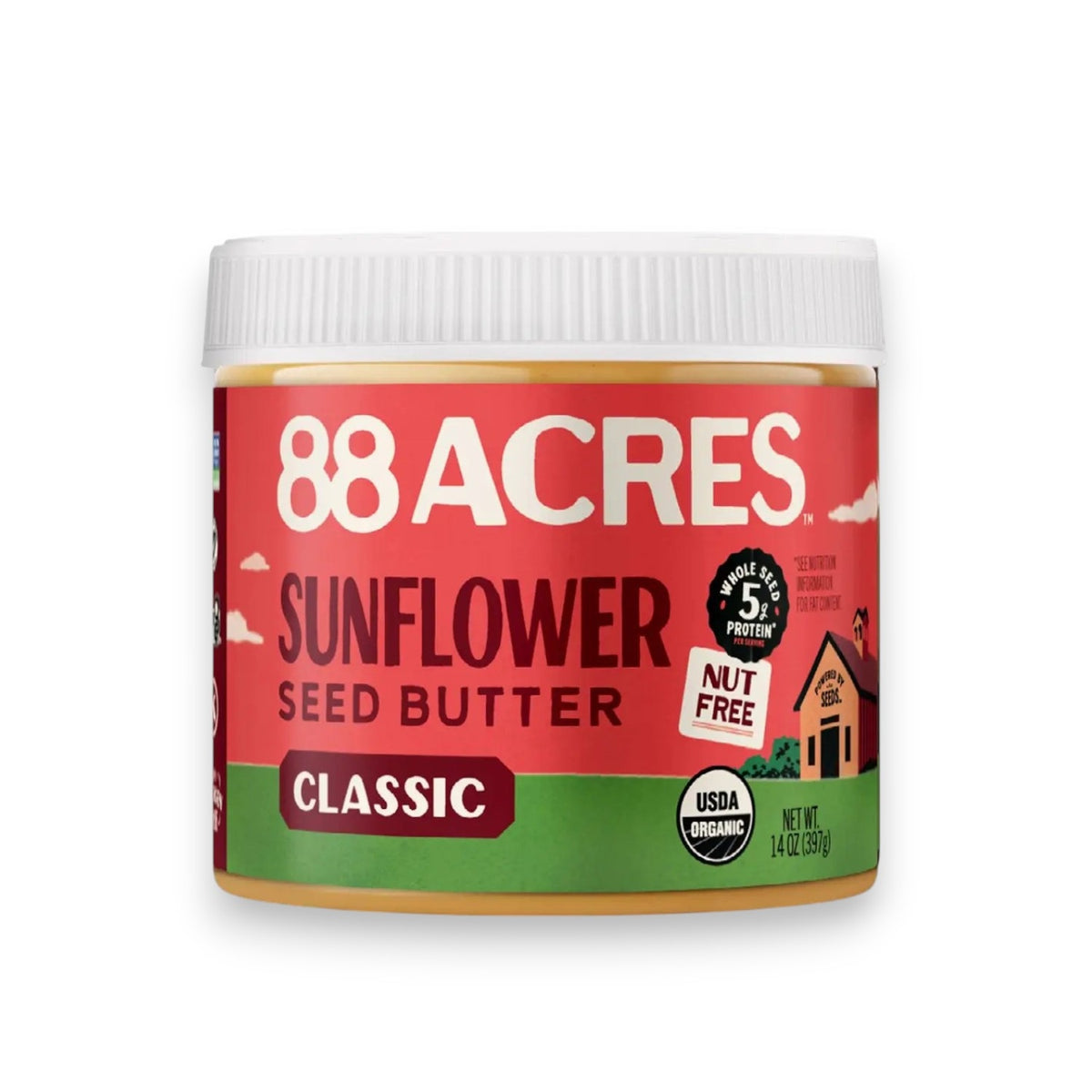 A 14 oz jar of 88 ACRES- SUNFLOWER SEED BUTTER JAR by 88 ACRES, featuring a green and red label that highlights its nut-free status, USDA organic certification, and 5g of protein per serving. This sunflower seed butter is a pantry staple, crafted with care and lightly sweetened with Vermont maple sugar.
