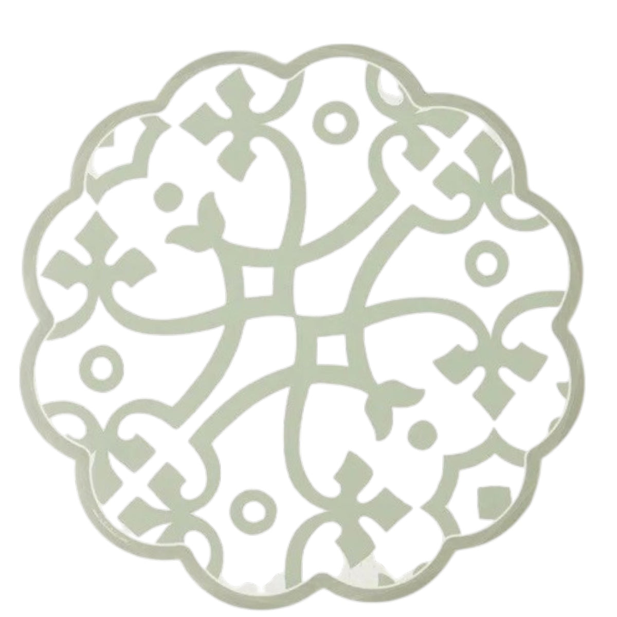 The ETUHOME Round Scalloped Placemat in Sage features an intricate, symmetrical lattice pattern with swirls and dots on a white background, combining Italian-inspired geometric elegance with refined style for your table.