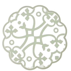 The ETUHOME Round Scalloped Placemat in Sage features an intricate, symmetrical lattice pattern with swirls and dots on a white background, combining Italian-inspired geometric elegance with refined style for your table.