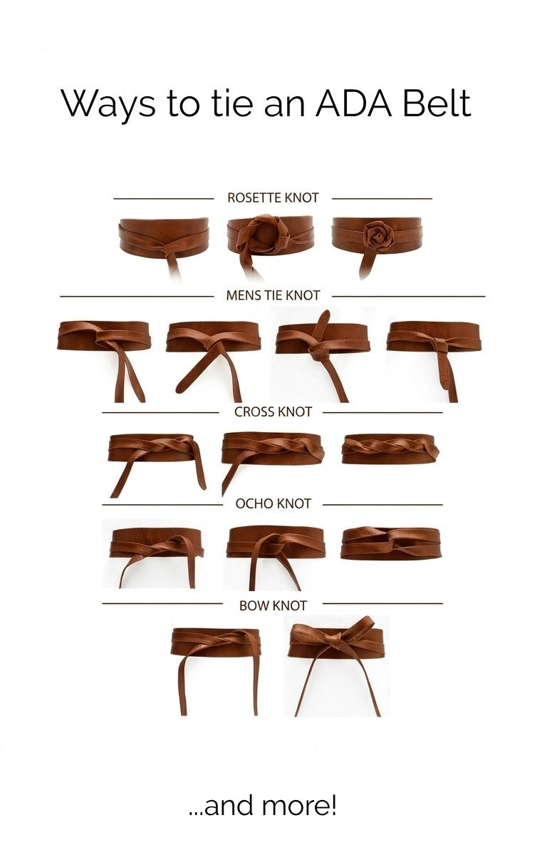 Instructional graphic showing step-by-step methods for tying an ADA - LEATHER WRAP BELT IN WHISKEY into rosette, mens, cross, ocho, and bow knots.