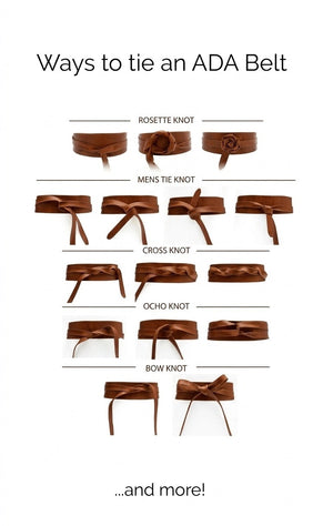 Instructional graphic showing step-by-step methods for tying an ADA - LEATHER WRAP BELT IN WHISKEY into rosette, mens, cross, ocho, and bow knots.