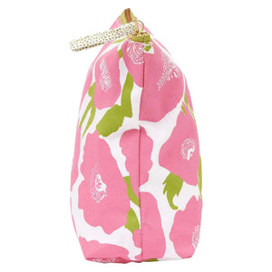 The ROCKFLOWERPAPER POPPIES PINK POUCH (L) features a zippered cotton canvas design with large pink flowers and green leaves on white, plus a gold zipper with a polka dot pull—ideal for organizing your essentials.
