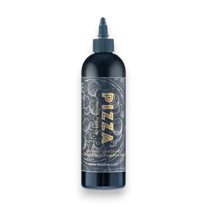 A black plastic squeeze bottle of TRE OLIVE - PIZZA OIL by TRE OLIVE, featuring a detailed pizza-themed design, pointed nozzle cap, "Pizza" flavor label, and marked as Made in Italy.