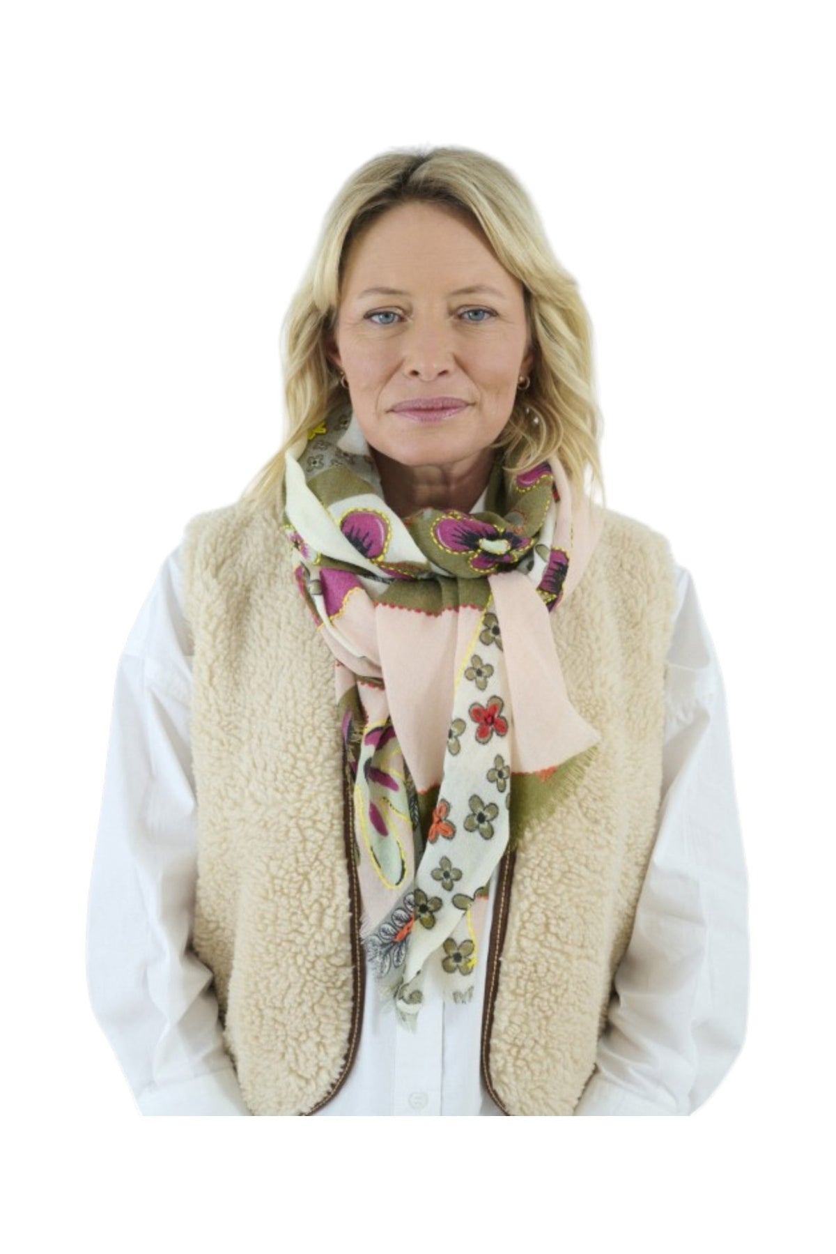 The STORIATIPIC - ARIANE WOOL SCARF WITH EMBROIDERY IN ROSE is a lightweight wool scarf in olive green, cream, and pink tones, adorned with floral and paisley patterns, and shown loosely draped in a loop on a white background.