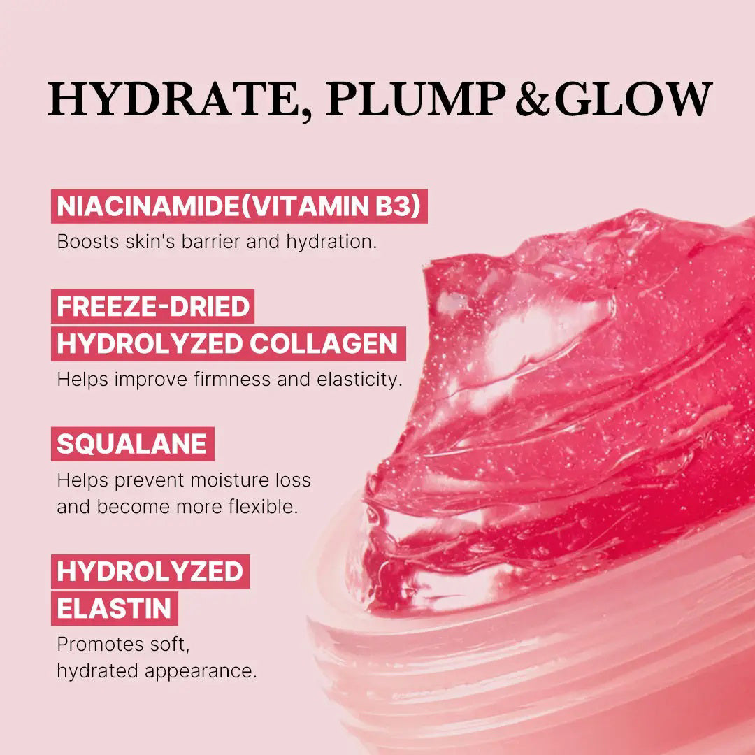 The MEDICUBE - COLLAGEN JELLY CREAM from ASIAN BEAUTY WHOLESALE features a pink gel-like texture with &quot;NO ARTIFICIAL COLORS&quot; and &quot;Enhanced with natural vitamin ingredients for a vibrant pink hue!&quot; on a light pink background. Experience Korean Glass Glow and enjoy its anti-aging benefits.