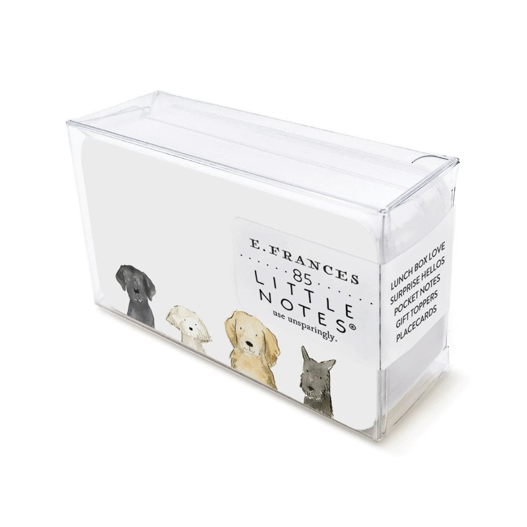 The "Dog Days Little Notes" from E. Frances Paper is a clear box containing 85 cards adorned with watercolor illustrations of four vibrant dogs, ideal for lunch box notes, surprise greetings, gift messages, or place cards.