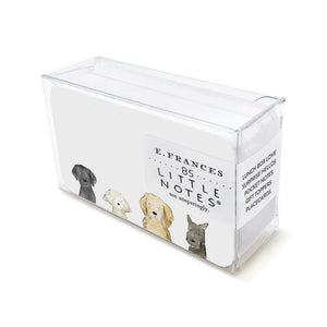 The "Dog Days Little Notes" from E. Frances Paper is a clear box containing 85 cards adorned with watercolor illustrations of four vibrant dogs, ideal for lunch box notes, surprise greetings, gift messages, or place cards.
