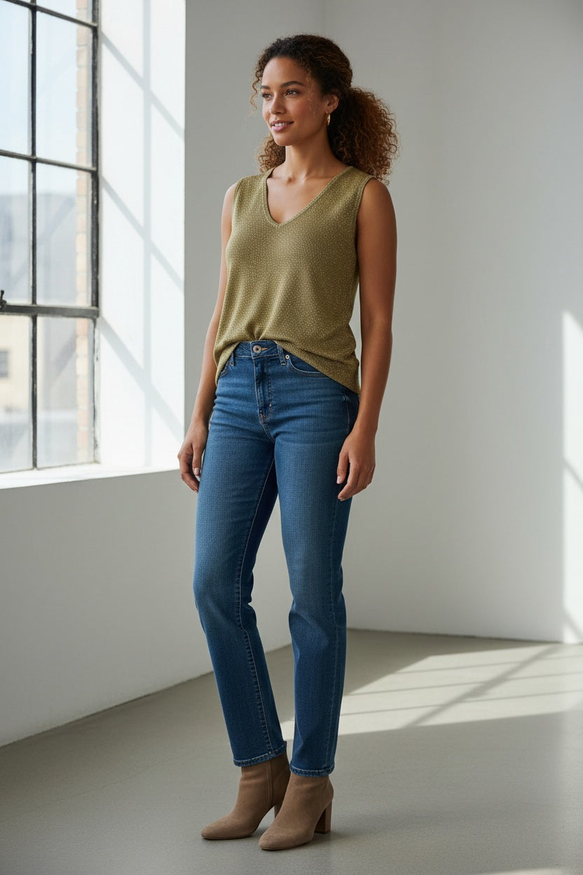 The MOMONI - IXORA KNIT V NECK TANK, a sleeveless blue lurex viscose top, features a deep V-neck displayed against a white background. Its soft, shimmering texture hints at luxury, with a "Made in Italy" label discreetly sewn in the neckline.