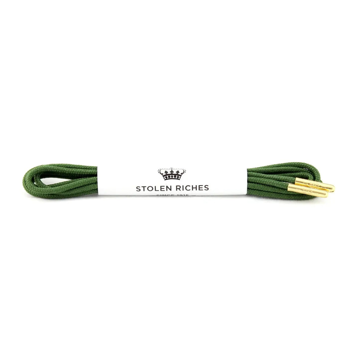 A pair of Moville Green STOLEN RICHES Dress Shoelaces, neatly coiled with gold aglets and wrapped in a white paper band labeled "STOLEN RICHES" with a black crown logo.