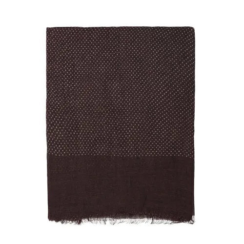 The AMANDA CHRISTENSEN Jacquard Woven Linen Scarf in Chocolate features a rich dark brown hue, a subtle dotted pattern on the upper section, and a plain, slightly fringed bottom edge. Displayed against a white background, this sophisticated scarf from AMANDA CHRISTENSEN is an elegant addition to any men’s accessory collection.