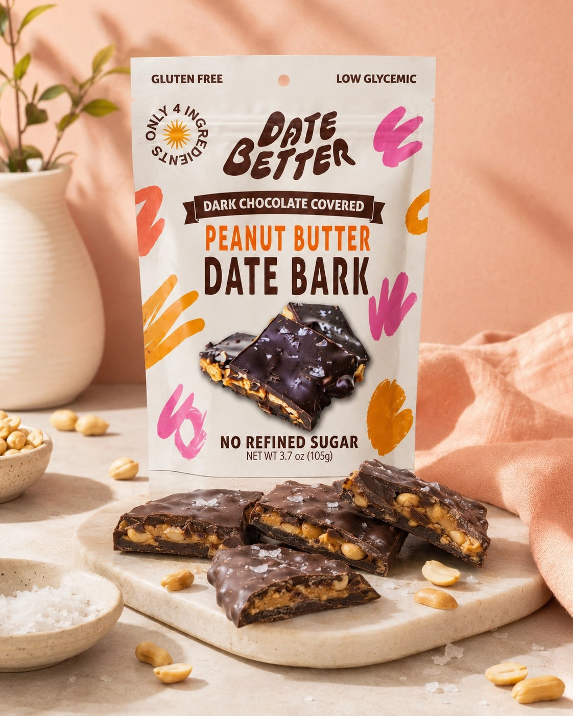 A bag of DATE BETTER - PEANUT DATE BARK by DATE BETTER SNACKS stands behind pieces of the bark arranged on a plate, with peanuts and a small bowl of salt nearby on a beige surface.