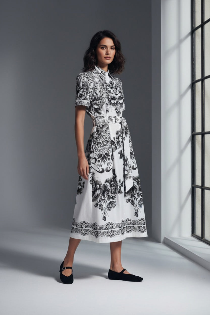 A woman stands indoors by a tall window, wearing the MILVA MI Cotton Dress with a black and white floral print from MILVA, featuring short sleeves, a belted waist, and styled with black flats.