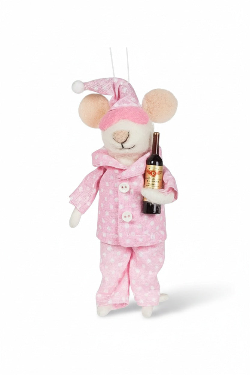 An ABBOTT PAJAMA MOUSE WITH WINE ORNAMENT, featuring a felt mouse in pink polka-dot pajamas and a matching sleeping mask while holding a bottle of wine.