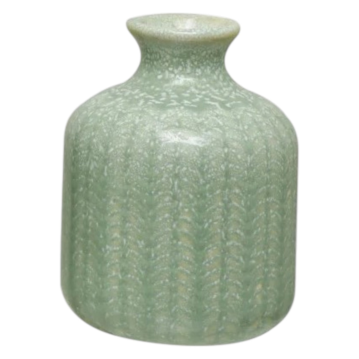 Close-up of the GRAY EMBOSSED STONEWARE VASE, SMALL by CREATIVE COOP reveals a repeating, symmetrical pattern resembling interwoven green and beige threads—much like knitted fabric or stylized leaf motifs.