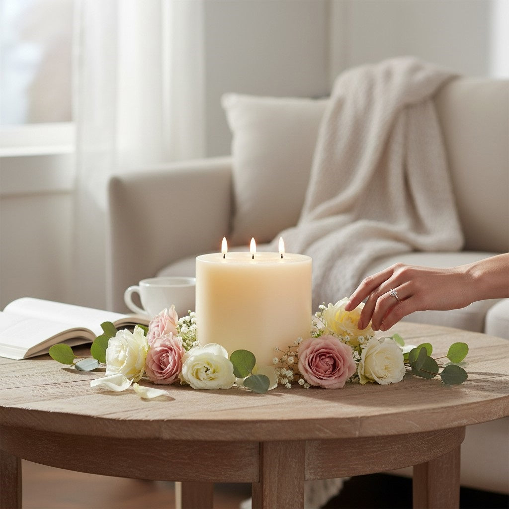 The PIFFANY UYUNI - IVORY TRIPLE FLAME PILLAR CANDLE 6X5.9 features three lit wicks that burn evenly at the top center of the large, ivory-colored candle, set against a plain white background.