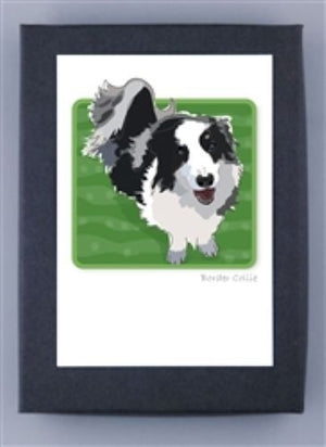 PAPER RUSSELLS - BORDER COLLIE NOTE CARDS feature a black and white Border Collie illustration on green, on a white card with a dark gray border. Printed on recycled paper, the dog faces forward with its mouth open. Brand: PAPER RUSSELLS.