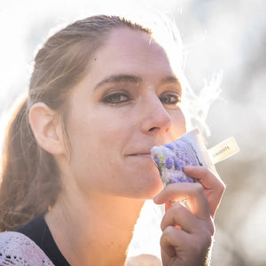 L'AUGUSTE PROVENCE - FRENCH LAVENDER SACHET AND GIFT BOX: includes two organic sachets with watercolor lavender field designs, "L'AUGUSTE" fabric tags, all elegantly presented in a box labeled “Fabriqué en Provence, FRANCE.”.