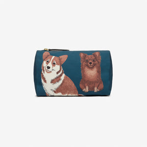 The INOUI EDITIONS TOUTOU NYLON CASE SMALL by INOUI is a blue zippered pouch made from recycled polyester, featuring illustrations of a corgi and a pomeranian, both sitting and facing forward.